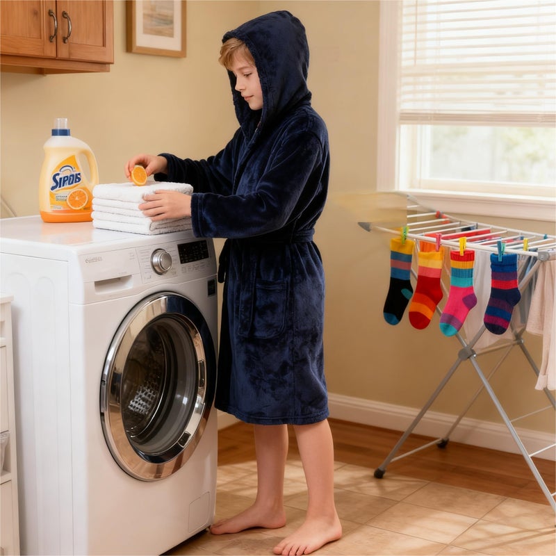 V.&GRIN Boys Fleece Robe, Hooded Plush Soft Fuzzy Bathrobe for Kids 3-14 Yearsï¼ˆNavy 9-10 - Image 3